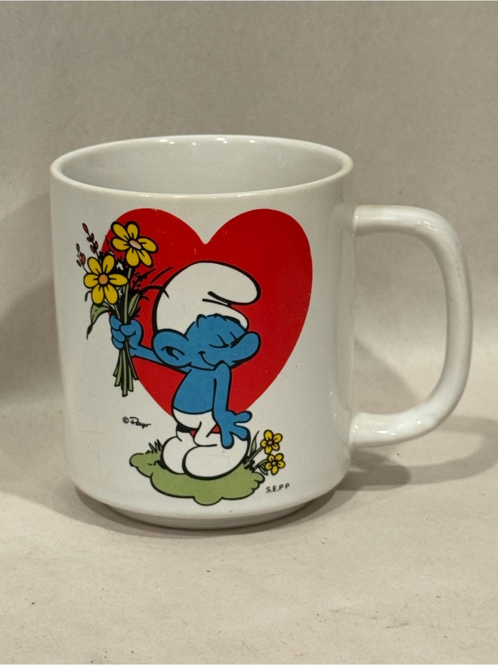 Vintage‎ VTG 1981 Smurf W/ Flowers Coffee Cup Mug Wallace Berrie 7507 Peyo Korea